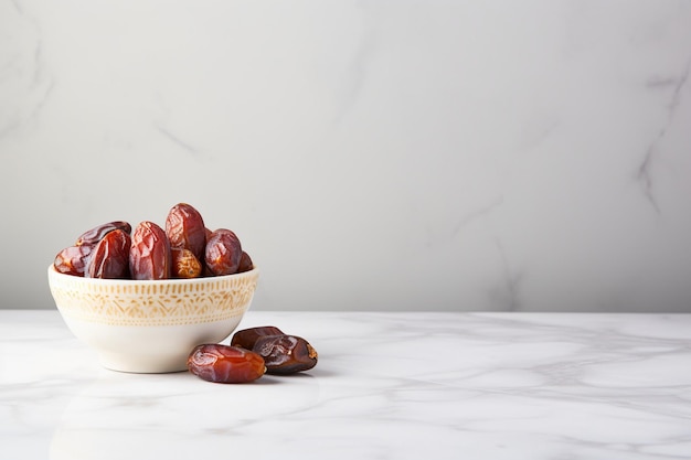 Photo a small bowl of dates next to a handful on marble background