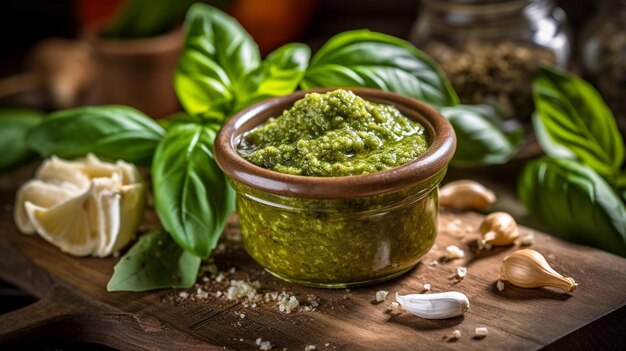 A small bowl of pesto with basil leaves on a wooden cutting board.