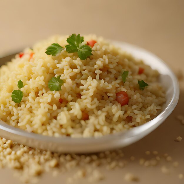 a small bowl of rice with a small amount of parsley on top