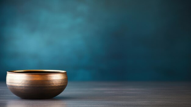 A small bowl on a table with blue wall behind it ai