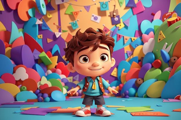 Small boy on colorful background funny cartoon character school kid 3d