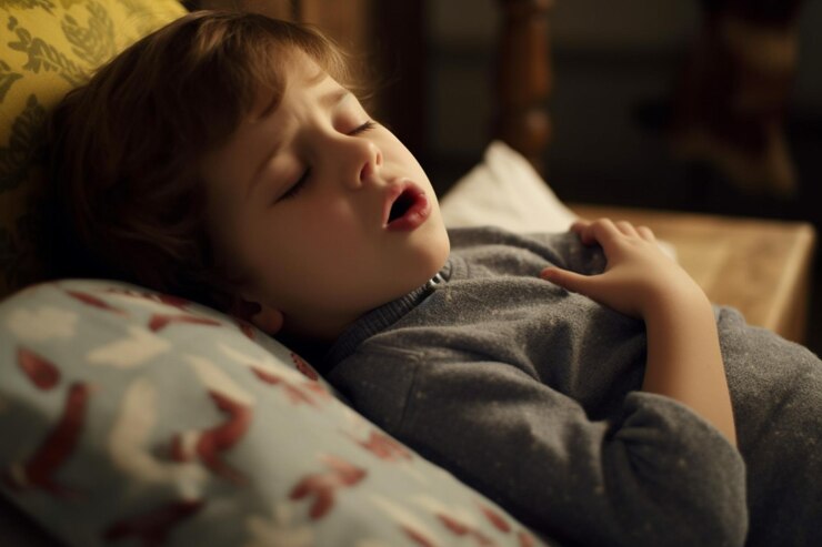 Small boy coughing from with closed eyes at home Little ill boy coughing while having a virus in be