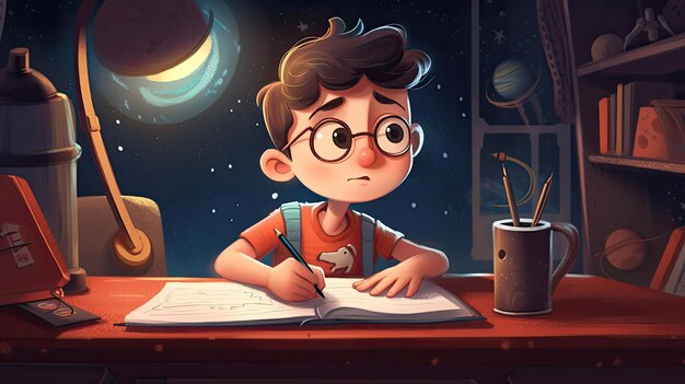 Photo small boy at desk dreams of space adventures picture in retro cartoon style