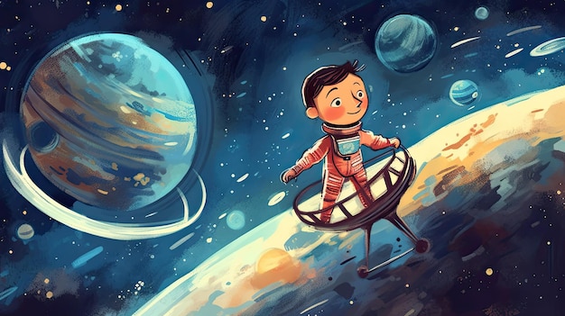 Small boy dreams of space in cartoon style