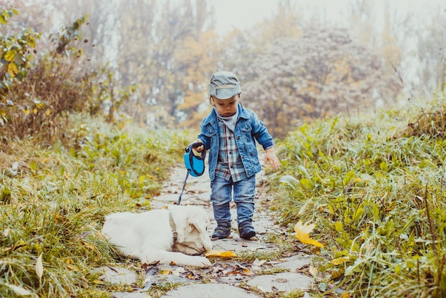 The small boy in a fashion suit walking a pretty dog