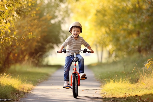 Small boy riding bicycle in park ai generative