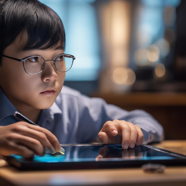 Small boy watching movie or playing game on his smartphone in the evening