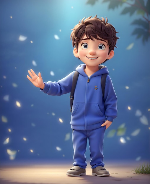 A small Boy with a blue jacket 3D cartoon style created with Generative AI