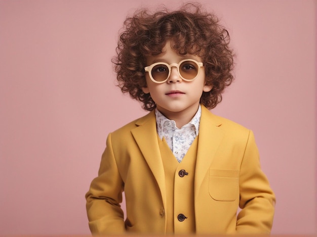 Photo a small boy with curly hair wearing trendy yellow suit fashion photography
