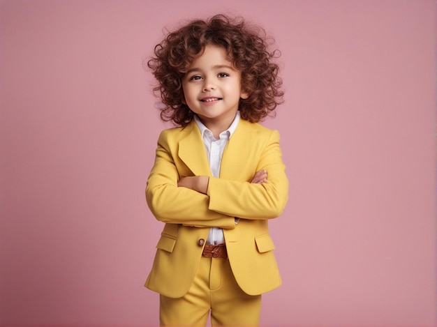 Photo a small boy with curly hair wearing trendy yellow suit fashion photography