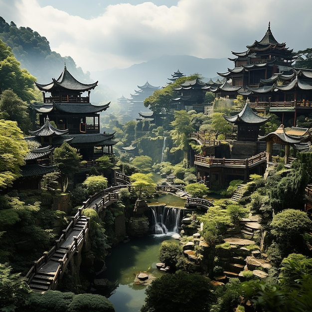 a small bridge over a small river in a mountain village.