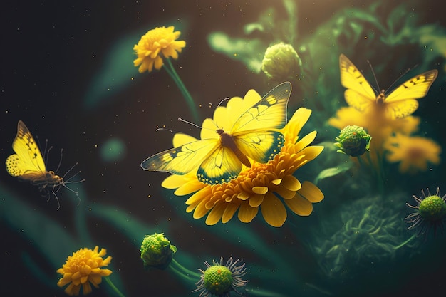 それらの周りを飛んでいる蝶と小さな明るい黄色の花