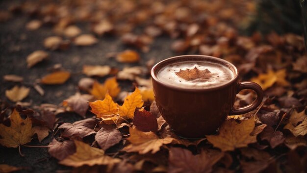 a small brown bowl sits on a leaf covered ground.