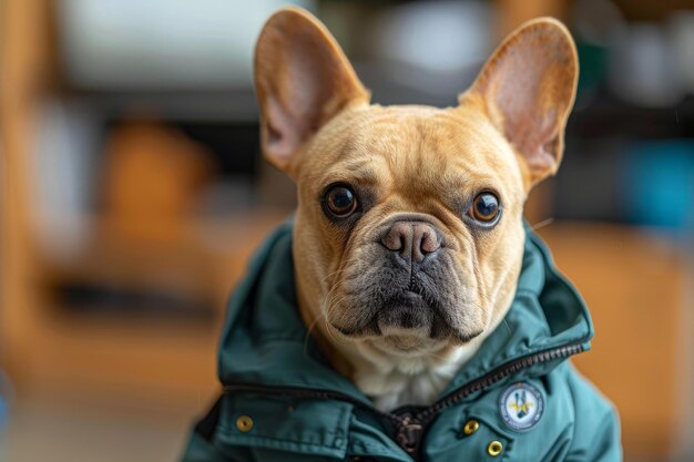 緑のジャケットを着た小さな茶色の犬