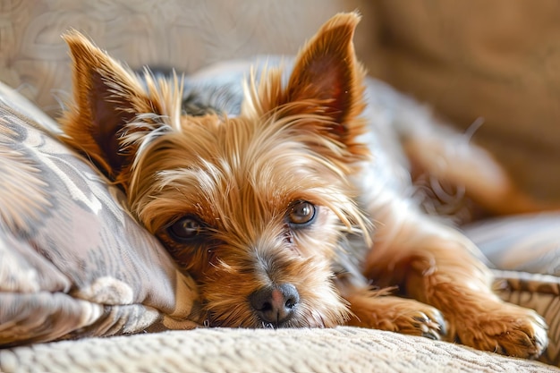 写真 小さな茶色の犬がソファに横たわっている