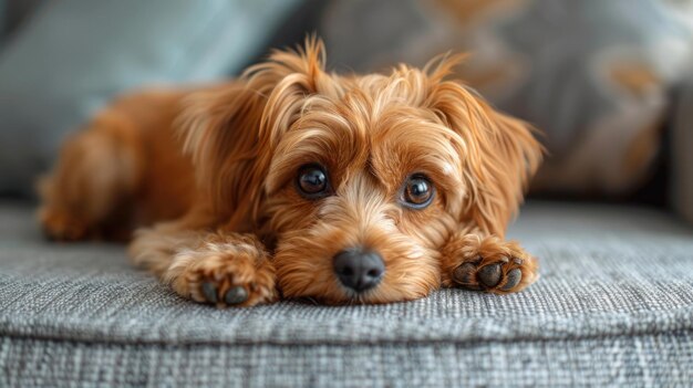 Маленькая коричневая собачка отдыхает на диване