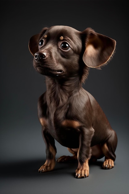 Small brown dog sitting on top of a gray floor