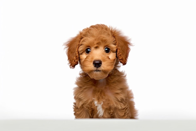 a small brown dog sitting on top of a white table