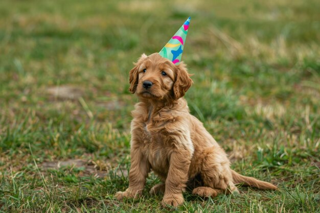 Photo small brown dog wearing birthday hat generative ai