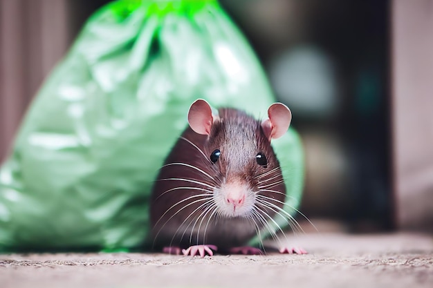Small brown rat collects plastic and rat garbage