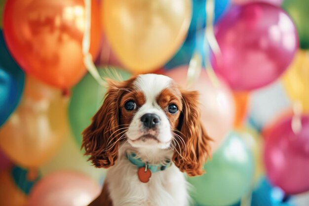 小さな茶色と白の犬が色とりどりの風船の群れの前で従順に座っています誕生日パーティーで可愛い子犬に縛られた風船AIが生成しました