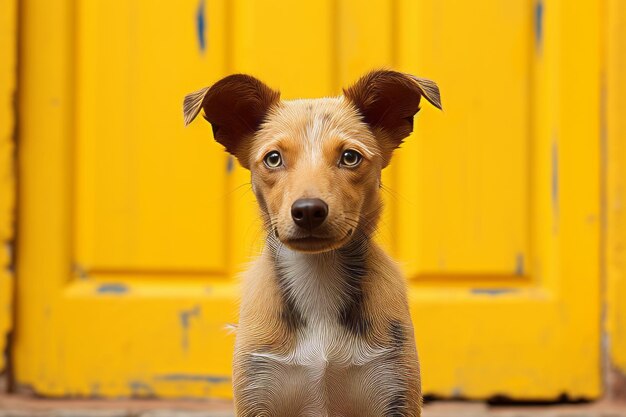 a small brown and white dog sitting in front of a yellow door