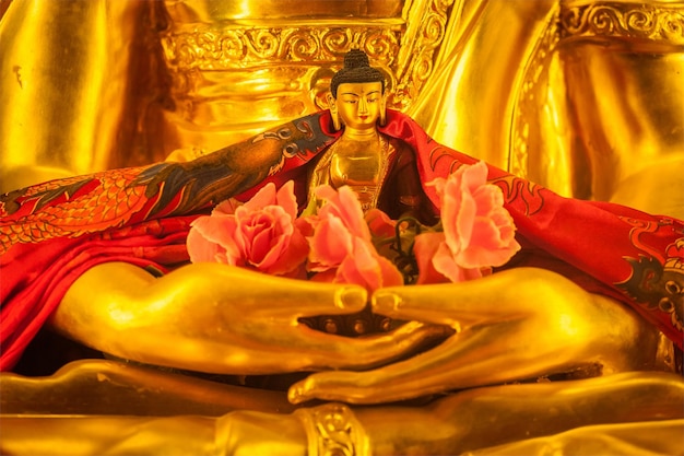 Маленькая статуя Будды Шакьямуни в руках большого