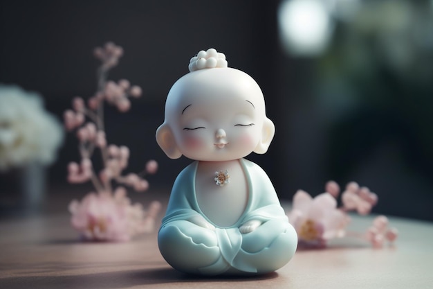 A small buddha statue sits on a table with flowers in the background.