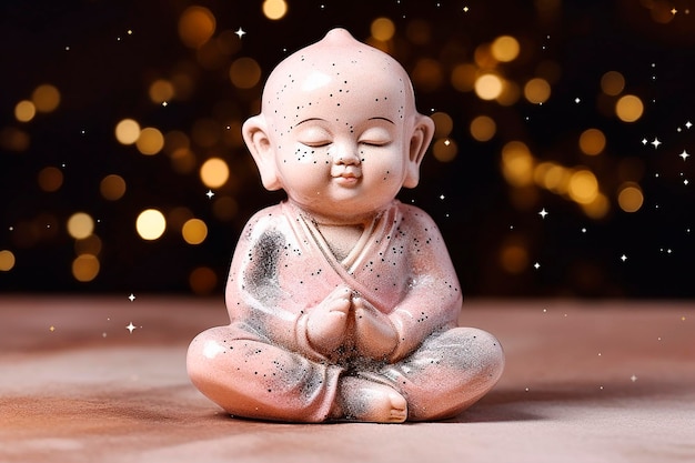 Photo a small buddha statue sits on a table with gold lights in the background.