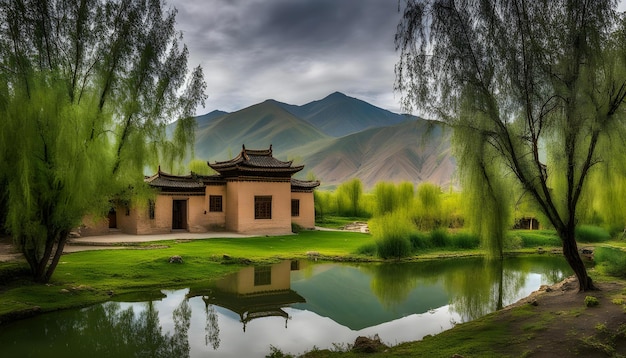 a small building with a reflection of a tree in the water