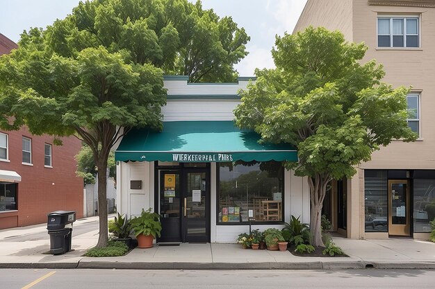 A small building with a storefront and a canopy with trees on it