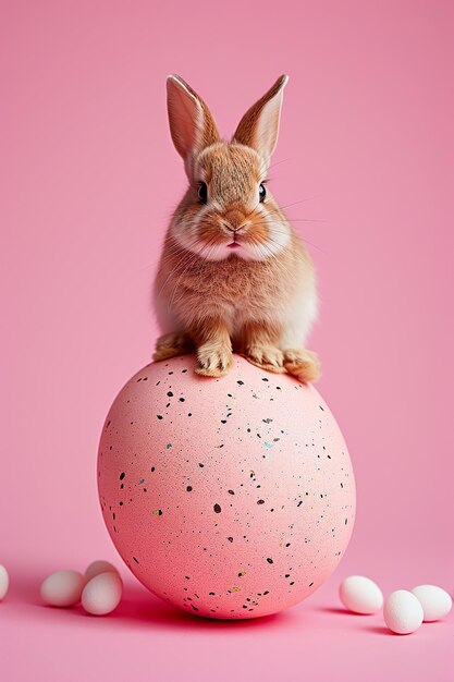 Small bunny sitting on top of a giant Easter egg Easter concept flat background candy colors