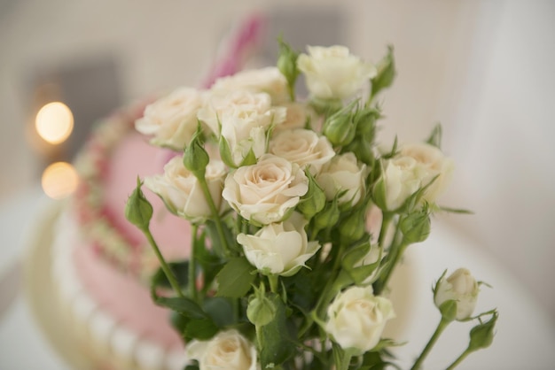 A small bush rose in the birthday decor for a girl