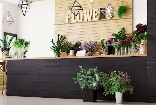 Small business. Modern flower shop interior. Flowers delivery service and sale of home plants in pots, wooden showcase.