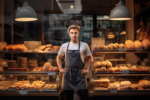 Владелец малого бизнеса с гордостью стоит перед своей процветающей кустарной пекарней, созданной искусственным интеллектом.