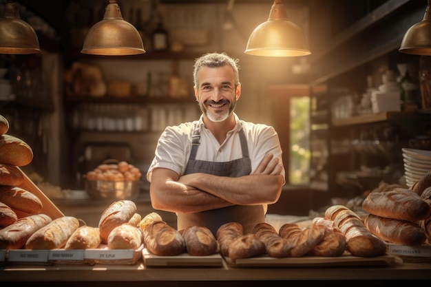 A small business owner proudly standing in front of their thriving artisan bakery AI generated