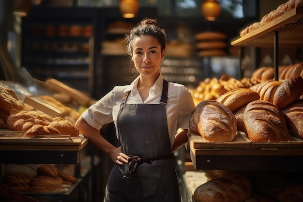 A small business owner proudly standing in front of their thriving artisan bakery AI generated