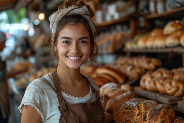 A small business owner proudly standing in front of their thriving artisan bakery