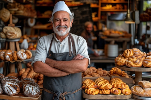 A small business owner proudly standing in front of their thriving artisan bakery