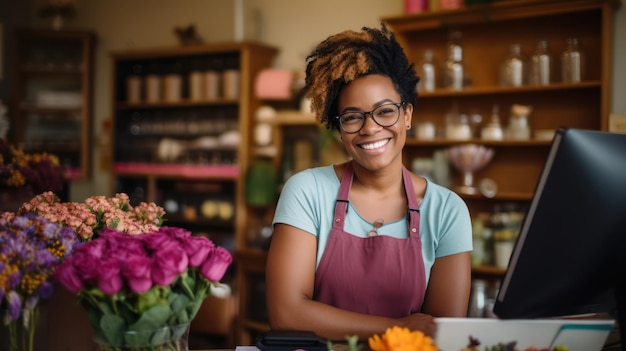 Photo small business owner woman flower shop smiling