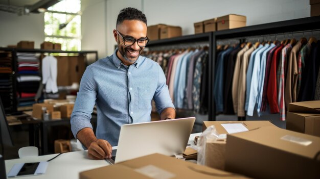 Foto un proprietario di una piccola impresa lavora sul suo portatile preparando imballaggi estetici per prodotti come scatole per i clienti ha un concetto di e-commerce