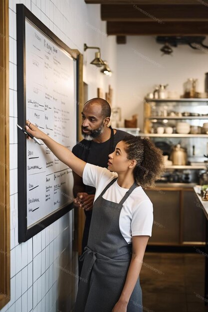 Small business owners planning while pointing at whiteboard in restaurant kitchen