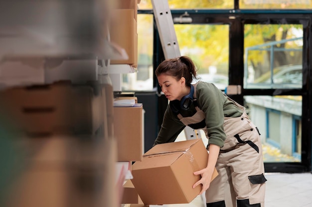 写真 倉庫の在庫調査中にカートンボックスを運ぶ 倉庫のコンセプトを納品する前に顧客の注文を準備する監督