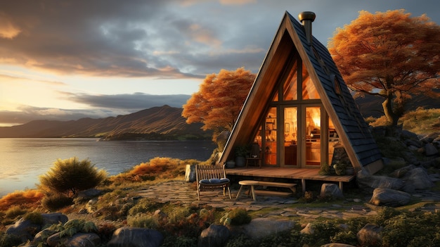 Small Cabin on Hill by Lake