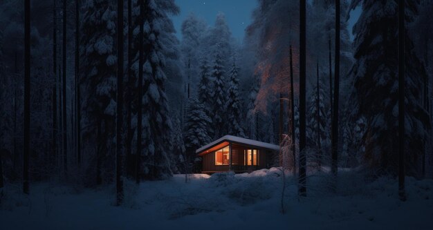 a small cabin is in the snow near trees at night