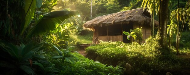 a small cabin in the middle of a jungle