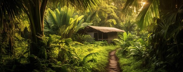 a small cabin in the middle of a jungle