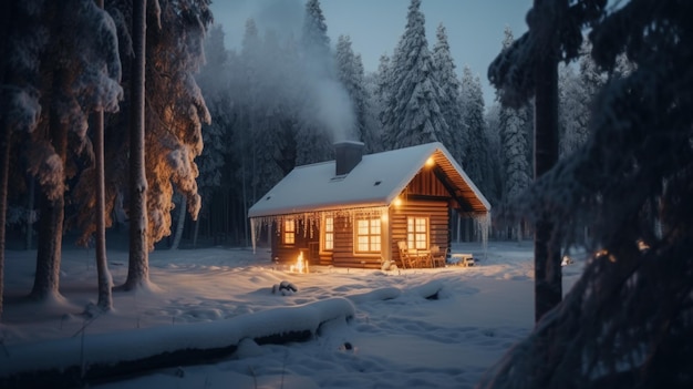 A small cabin in the middle of a snowy forest Generative AI image