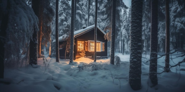 A small cabin in the middle of a snowy forest Generative AI image