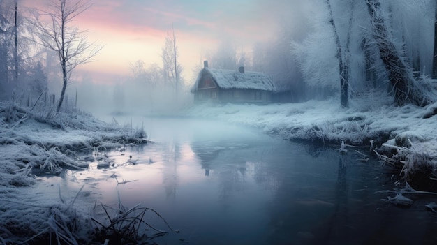 a small cabin in the middle of a snowy forest